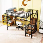 Lit mezzanine métallique pleine grandeur avec bureau et grille métallique, lit élégant à cadre métallique avec échelle de rangement latérale et armoire, noir