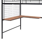 Lit mezzanine métallique pleine grandeur avec bureau et grille métallique, lit élégant à cadre métallique avec échelle de rangement latérale et armoire, noir