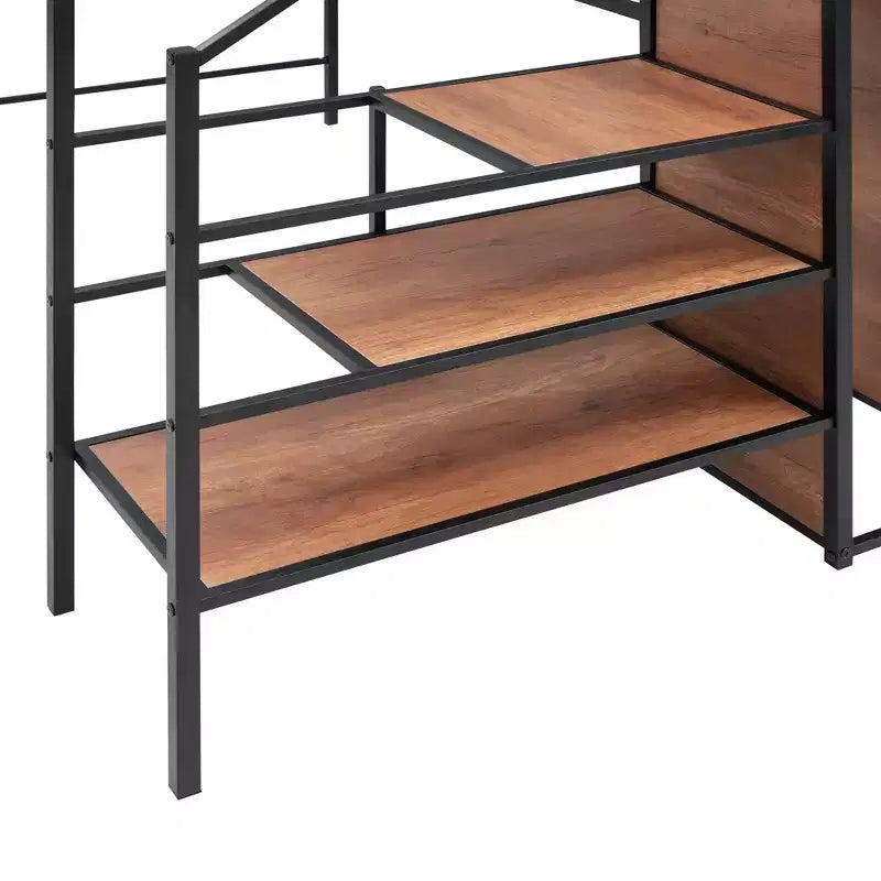 Lit mezzanine métallique pleine grandeur avec bureau et grille métallique, lit élégant à cadre métallique avec échelle de rangement latérale et armoire, noir