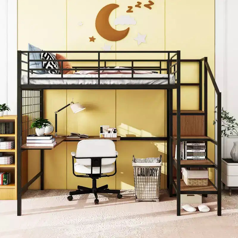 Lit mezzanine métallique pleine grandeur avec bureau et grille métallique, lit élégant à cadre métallique avec échelle de rangement latérale et armoire, noir