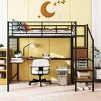 Lit mezzanine métallique pleine grandeur avec bureau et grille métallique, lit élégant à cadre métallique avec échelle de rangement latérale et armoire, noir