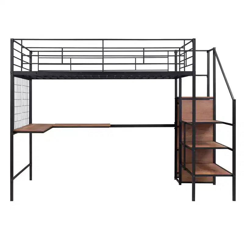 Lit mezzanine métallique pleine grandeur avec bureau et grille métallique, lit élégant à cadre métallique avec échelle de rangement latérale et armoire, noir