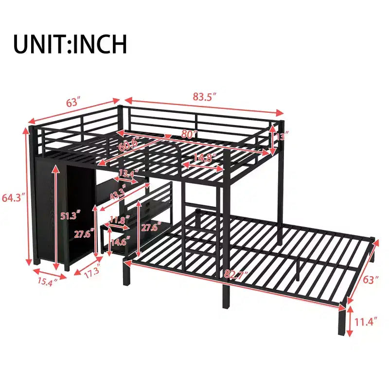 Lit superposé Queen sur Queen avec armoire intégrée, lits superposés en métal avec bureau et chaises de rangement, Noir