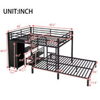 Lit superposé Queen sur Queen avec armoire intégrée, lits superposés en métal avec bureau et chaises de rangement, Noir