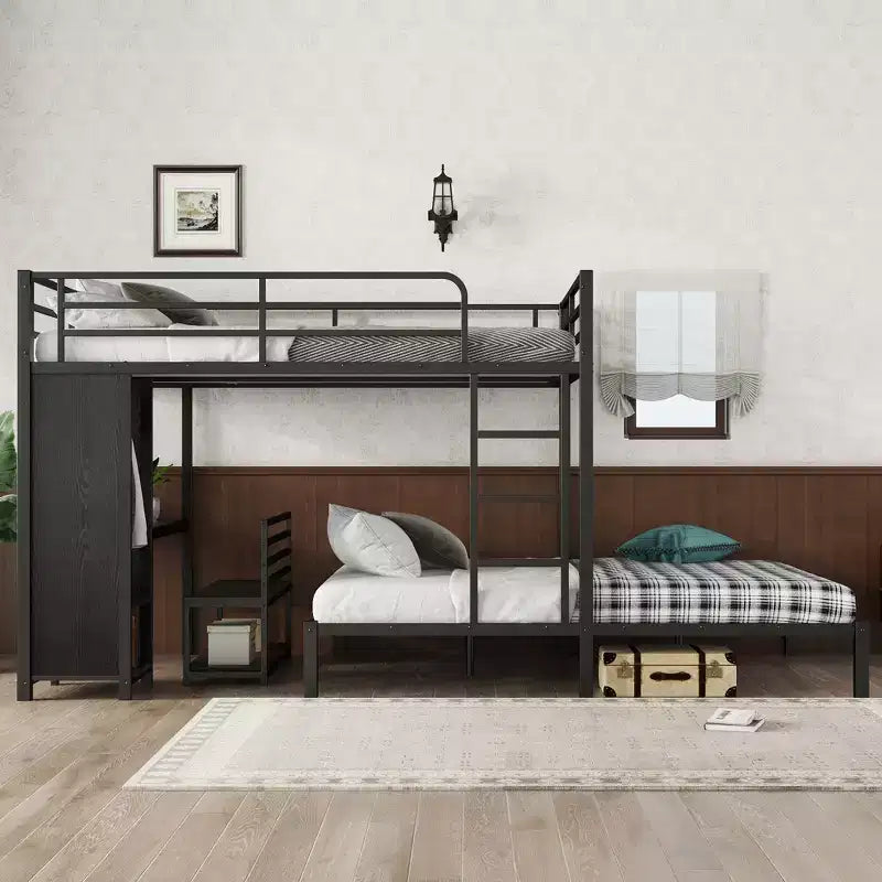 Lit superposé Queen sur Queen avec armoire intégrée, lits superposés en métal avec bureau et chaises de rangement, Noir