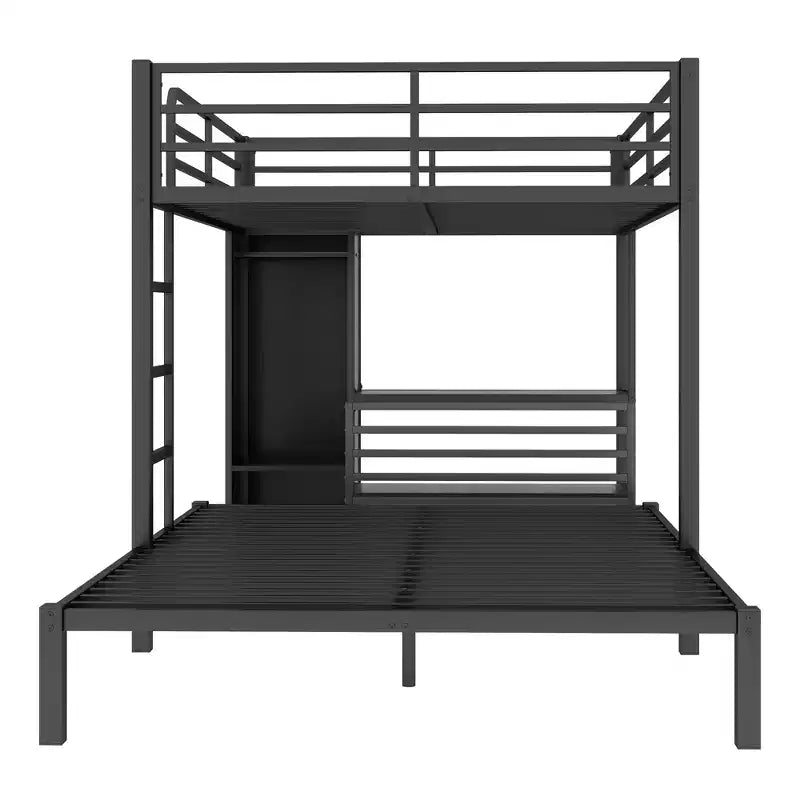 Lit superposé Queen sur Queen avec armoire intégrée, lits superposés en métal avec bureau et chaises de rangement, Noir