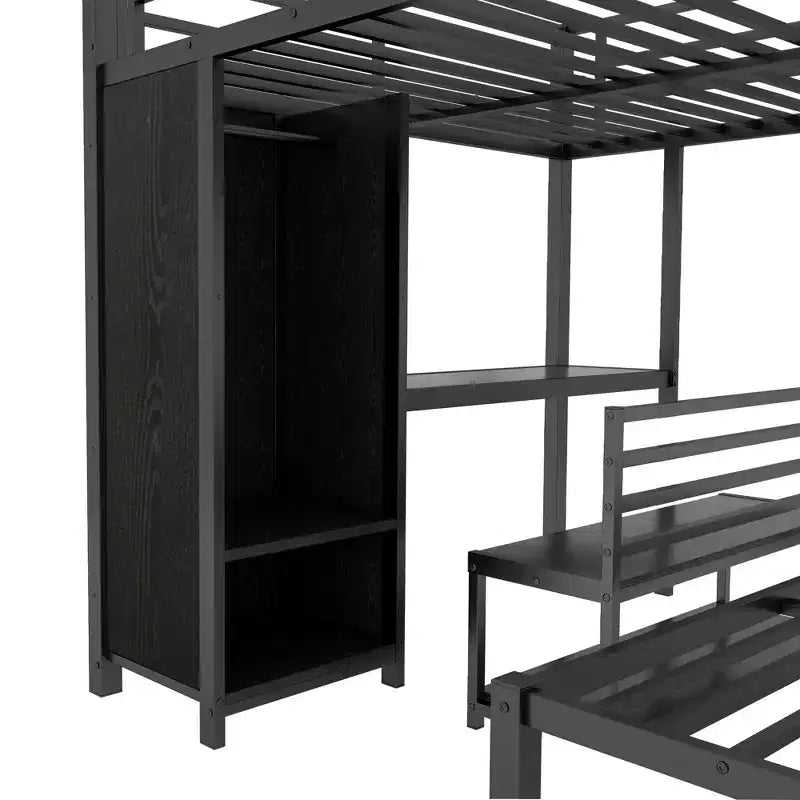 Lit superposé Queen sur Queen avec armoire intégrée, lits superposés en métal avec bureau et chaises de rangement, Noir