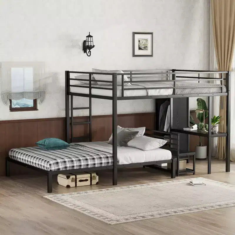 Lit superposé Queen sur Queen avec armoire intégrée, lits superposés en métal avec bureau et chaises de rangement, Noir