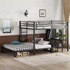 Lit superposé Queen sur Queen avec armoire intégrée, lits superposés en métal avec bureau et chaises de rangement, Noir