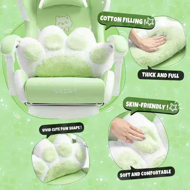 Chaise de Jeu Pivotante Moderne et Mignonne en Forme de Chat avec Coussin Lombaire Patte, Chaise d'Ordinateur de Bureau Ergonomique Haute pour Adultes