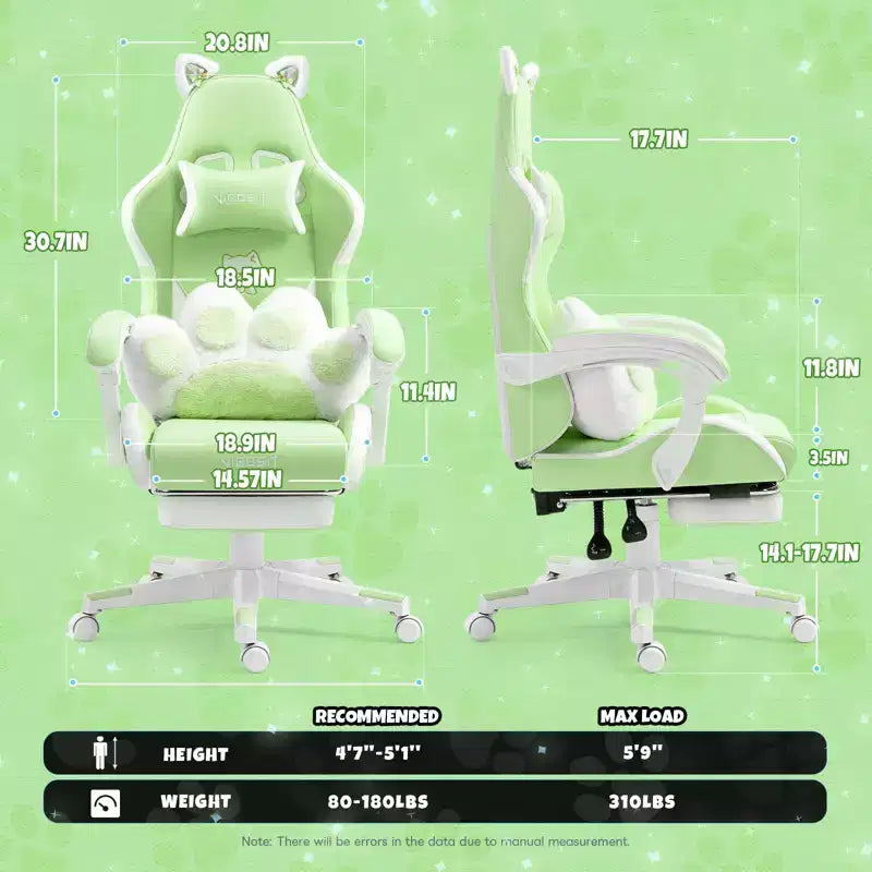 Chaise de Jeu Pivotante Moderne et Mignonne en Forme de Chat avec Coussin Lombaire Patte, Chaise d'Ordinateur de Bureau Ergonomique Haute pour Adultes