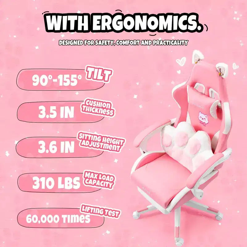 Chaise de Jeu Pivotante Moderne et Mignonne en Forme de Chat avec Coussin Lombaire Patte, Chaise d'Ordinateur de Bureau Ergonomique Haute pour Adultes