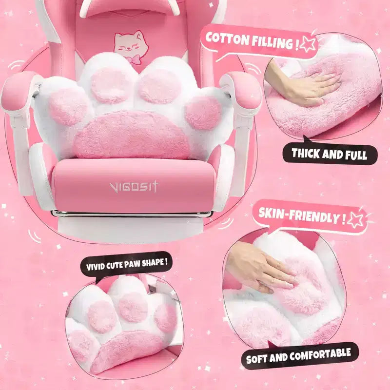 Chaise de Jeu Pivotante Moderne et Mignonne en Forme de Chat avec Coussin Lombaire Patte, Chaise d'Ordinateur de Bureau Ergonomique Haute pour Adultes