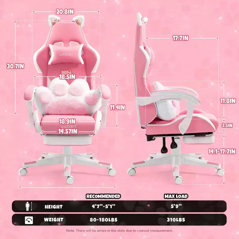 Chaise de Jeu Pivotante Moderne et Mignonne en Forme de Chat avec Coussin Lombaire Patte, Chaise d'Ordinateur de Bureau Ergonomique Haute pour Adultes