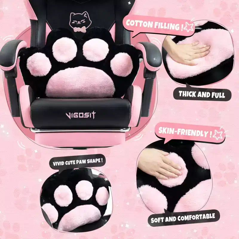 Chaise de Jeu Pivotante Moderne et Mignonne en Forme de Chat avec Coussin Lombaire Patte, Chaise d'Ordinateur de Bureau Ergonomique Haute pour Adultes