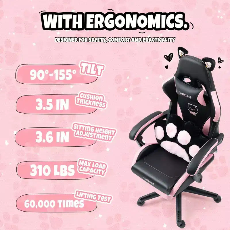 Chaise de Jeu Pivotante Moderne et Mignonne en Forme de Chat avec Coussin Lombaire Patte, Chaise d'Ordinateur de Bureau Ergonomique Haute pour Adultes
