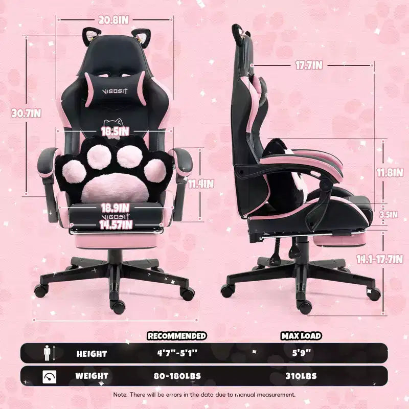 Chaise de Jeu Pivotante Moderne et Mignonne en Forme de Chat avec Coussin Lombaire Patte, Chaise d'Ordinateur de Bureau Ergonomique Haute pour Adultes