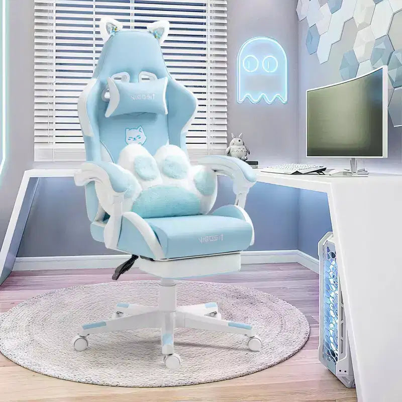 Chaise de Jeu Pivotante Moderne et Mignonne en Forme de Chat avec Coussin Lombaire Patte, Chaise d'Ordinateur de Bureau Ergonomique Haute pour Adultes