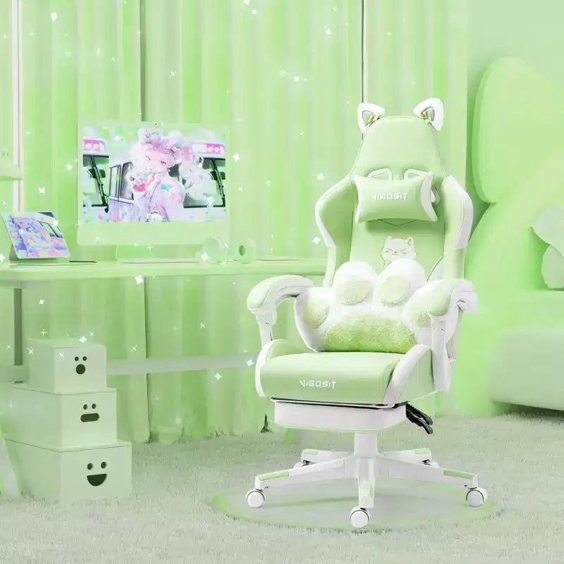 Chaise de Jeu Pivotante Moderne et Mignonne en Forme de Chat avec Coussin Lombaire Patte, Chaise d'Ordinateur de Bureau Ergonomique Haute pour Adultes