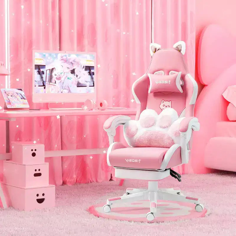 Chaise de Jeu Pivotante Moderne et Mignonne en Forme de Chat avec Coussin Lombaire Patte, Chaise d'Ordinateur de Bureau Ergonomique Haute pour Adultes