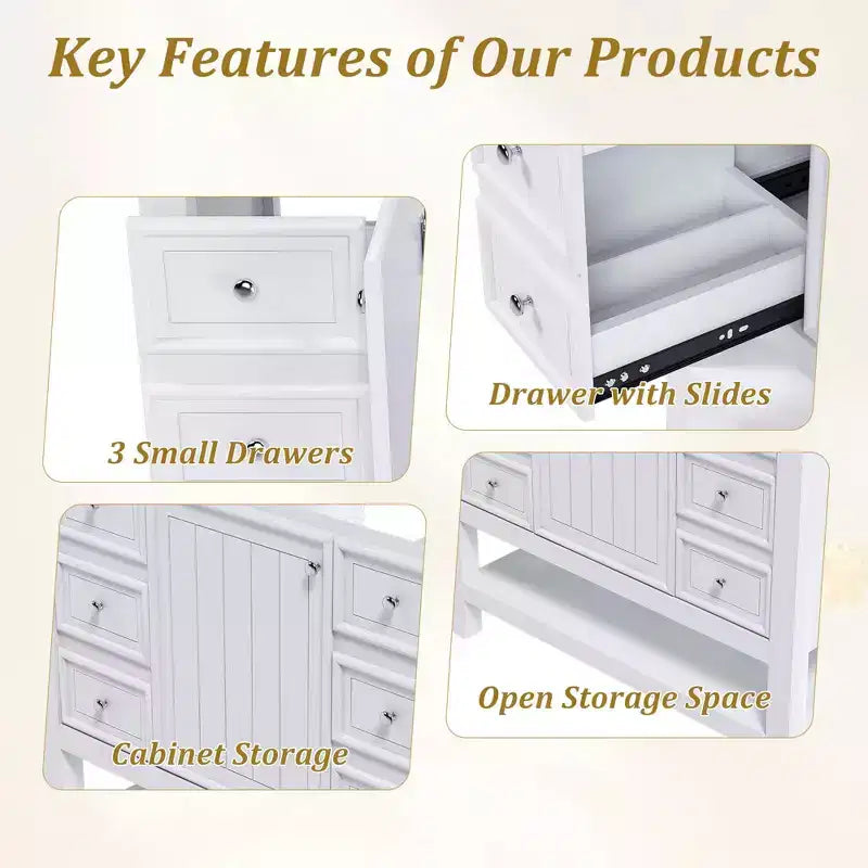 36 Bathroom Vanity without Sink 1 Cabinet 3 Drawers Solid Wood Frame MDF White