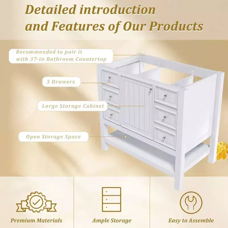 36 Bathroom Vanity without Sink 1 Cabinet 3 Drawers Solid Wood Frame MDF White