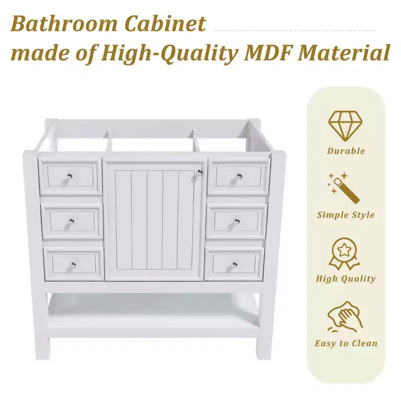 36 Bathroom Vanity without Sink 1 Cabinet 3 Drawers Solid Wood Frame MDF White