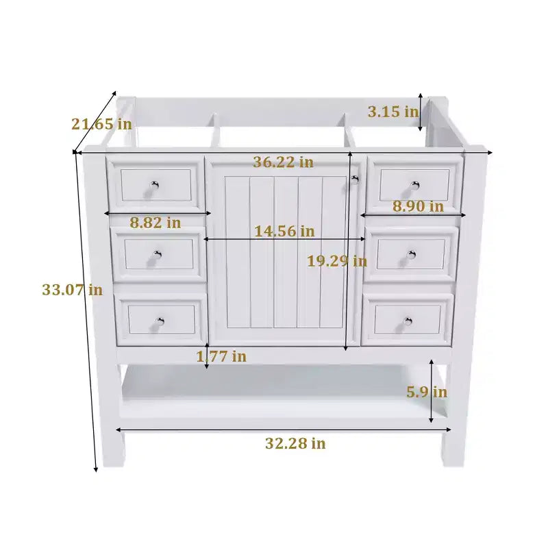 36 Bathroom Vanity without Sink 1 Cabinet 3 Drawers Solid Wood Frame MDF White