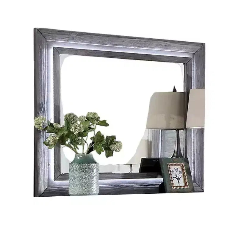 Dresser Mirror with White LED Lights, 46 Inch Gray Solid Wood Frame