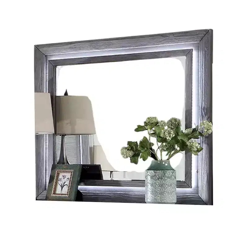 Miroir de commode avec lumières LED blanches, cadre en bois massif gris de 46 pouces