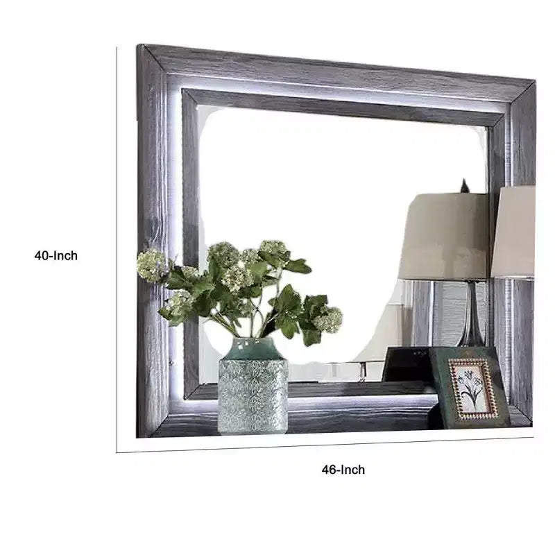 Miroir de commode avec lumières LED blanches, cadre en bois massif gris de 46 pouces