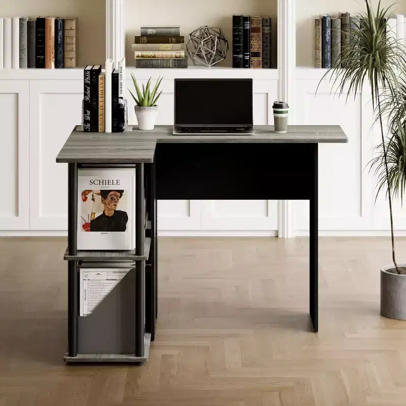 L Shaped Computer Desk Corner Study Writing Desk with Open Storage Shelves for Home Workspace