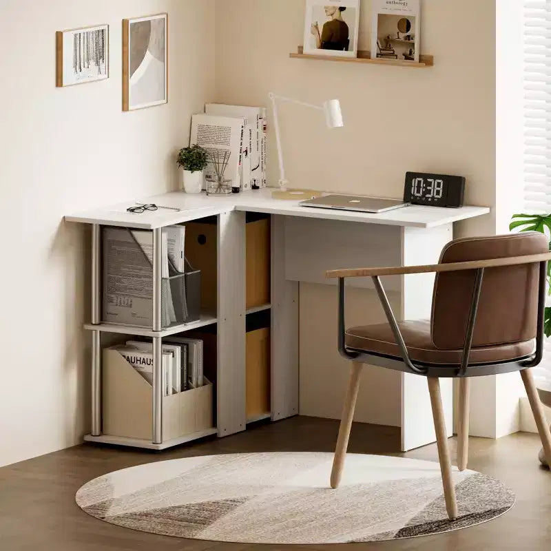 L Shaped Computer Desk Corner Study Writing Desk with Open Storage Shelves for Home Workspace