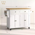 Îlot de cuisine sur roulettes, Chariot roulant avec plateau en bois d'hévéa, Porte-épices, Porte-serviettes et Tiroirs