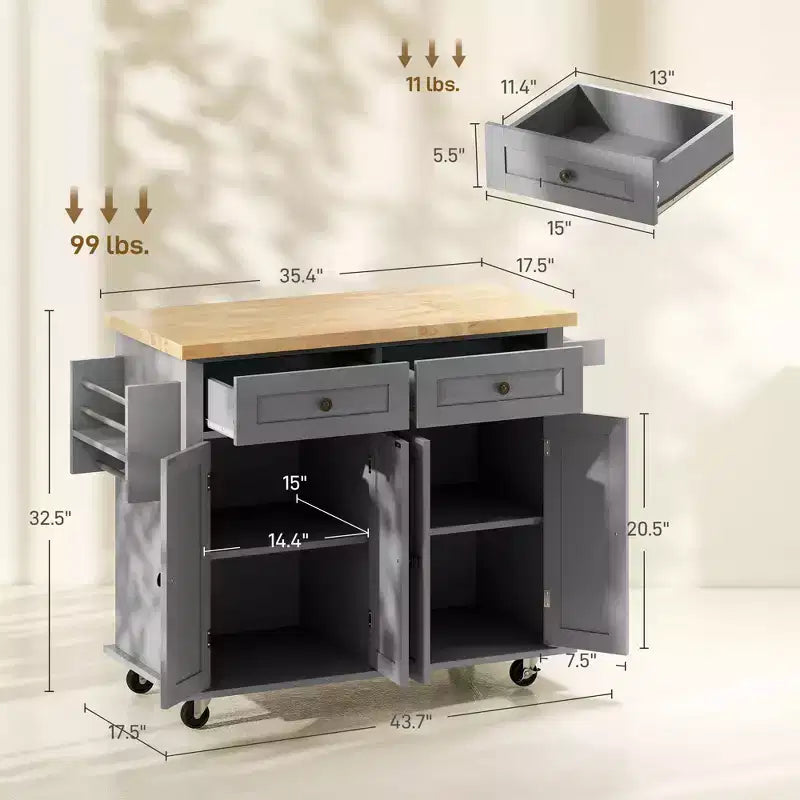 Îlot de cuisine sur roulettes, Chariot roulant avec plateau en bois d'hévéa, Porte-épices, Porte-serviettes et Tiroirs