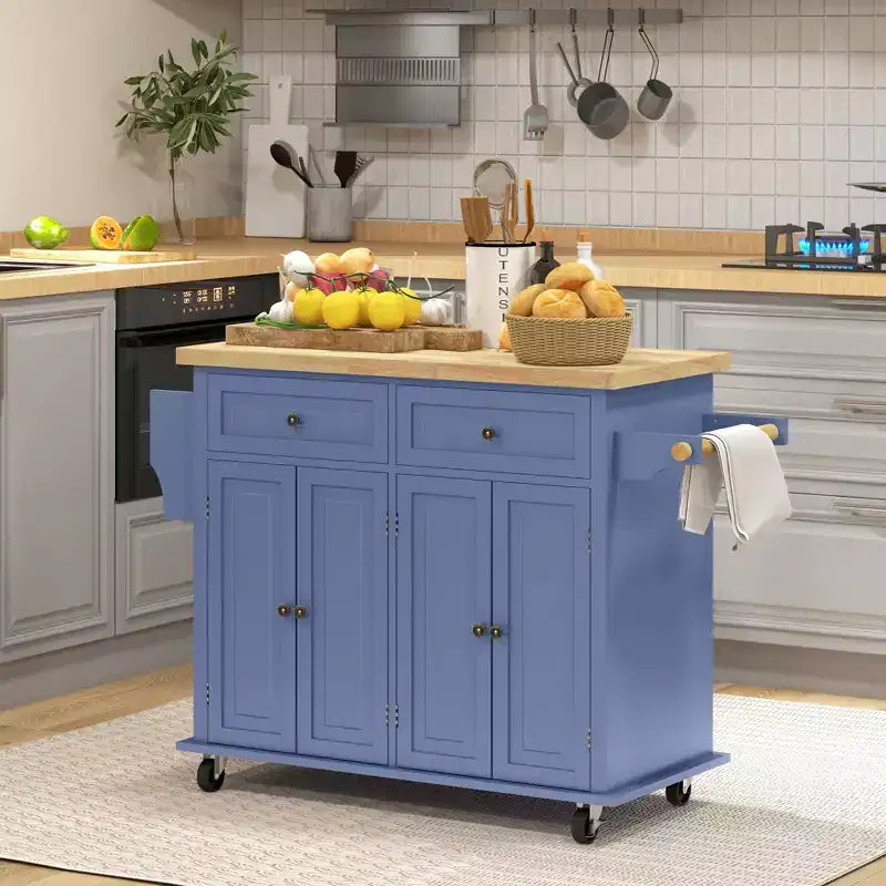 Îlot de cuisine sur roulettes, Chariot roulant avec plateau en bois d'hévéa, Porte-épices, Porte-serviettes et Tiroirs