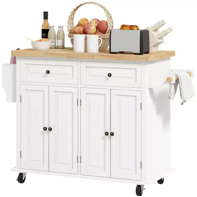 Îlot de cuisine sur roulettes, Chariot roulant avec plateau en bois d'hévéa, Porte-épices, Porte-serviettes et Tiroirs