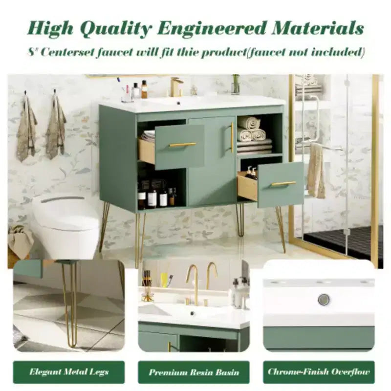 36in Bathroom Vanity with Top Sink, Resin Countertop, 2 Drawers, and 2 Open Storage Shelves, Storage Cabinet for Home Bathroom