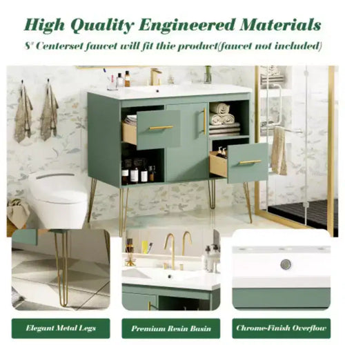 Meuble-lavabo de salle de bain de 91,4 cm avec lavabo intégré, plan de travail en résine, 2 tiroirs et 2 étagères de rangement ouvertes, meuble de rangement pour salle de bain
