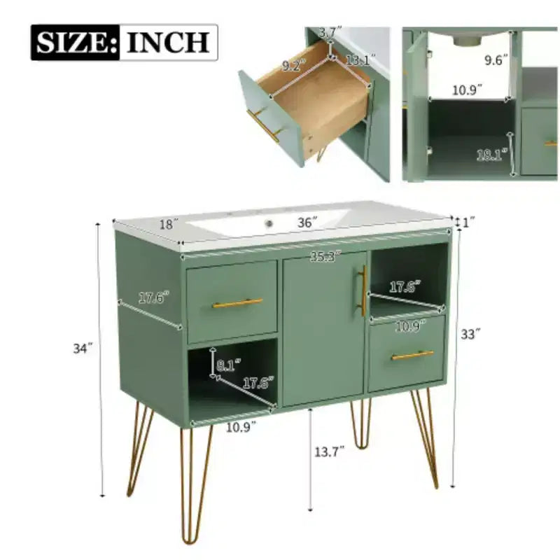 36in Bathroom Vanity with Top Sink, Resin Countertop, 2 Drawers, and 2 Open Storage Shelves, Storage Cabinet for Home Bathroom