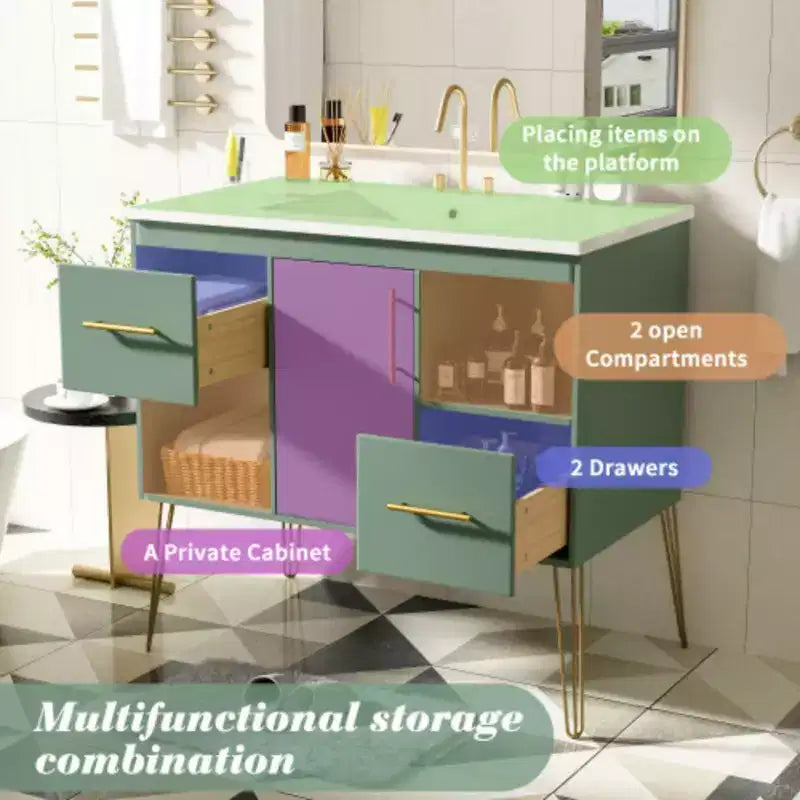36in Bathroom Vanity with Top Sink, Resin Countertop, 2 Drawers, and 2 Open Storage Shelves, Storage Cabinet for Home Bathroom