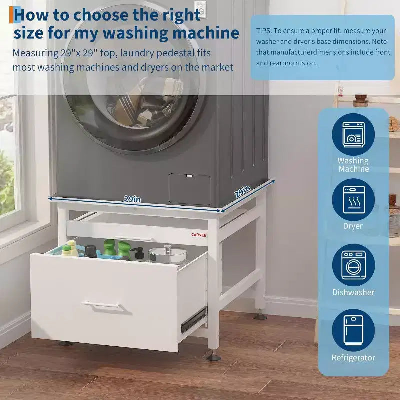 29 Inch Washer Dryer Pedestal, Pull Out Shelf and Drawer Anti Vibration Base 850 LBS Capacity