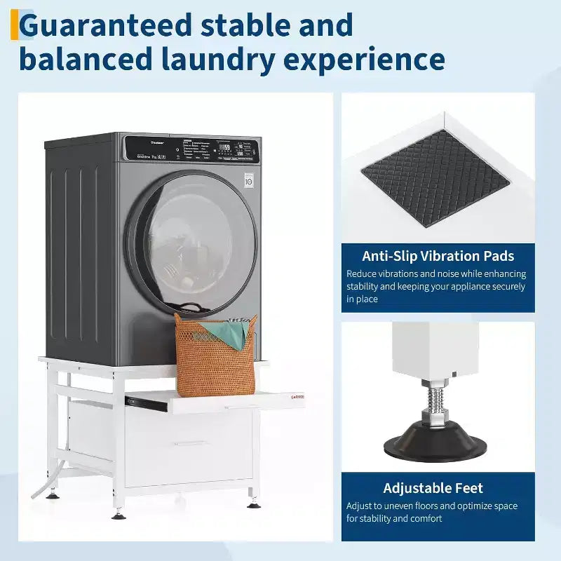 29 Inch Washer Dryer Pedestal, Pull Out Shelf and Drawer Anti Vibration Base 850 LBS Capacity
