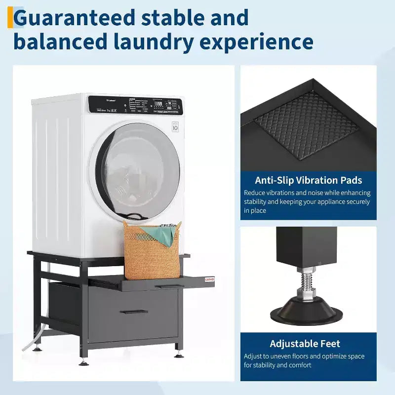 29 Inch Washer Dryer Pedestal, Pull Out Shelf and Drawer Anti Vibration Base 850 LBS Capacity