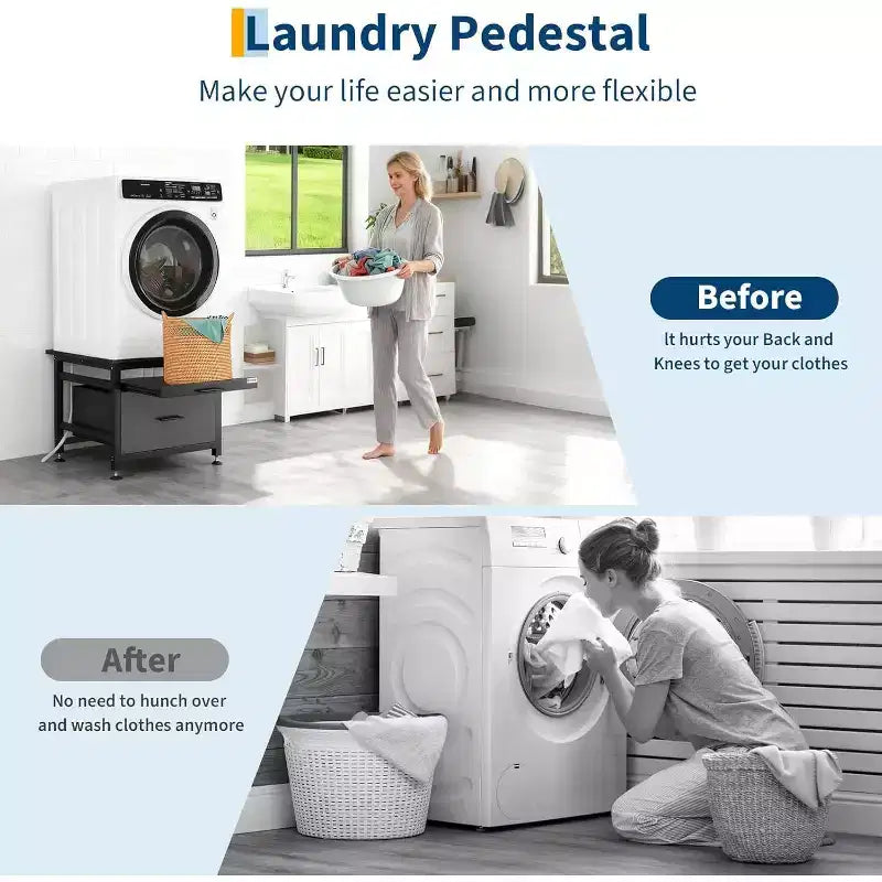 29 Inch Washer Dryer Pedestal, Pull Out Shelf and Drawer Anti Vibration Base 850 LBS Capacity