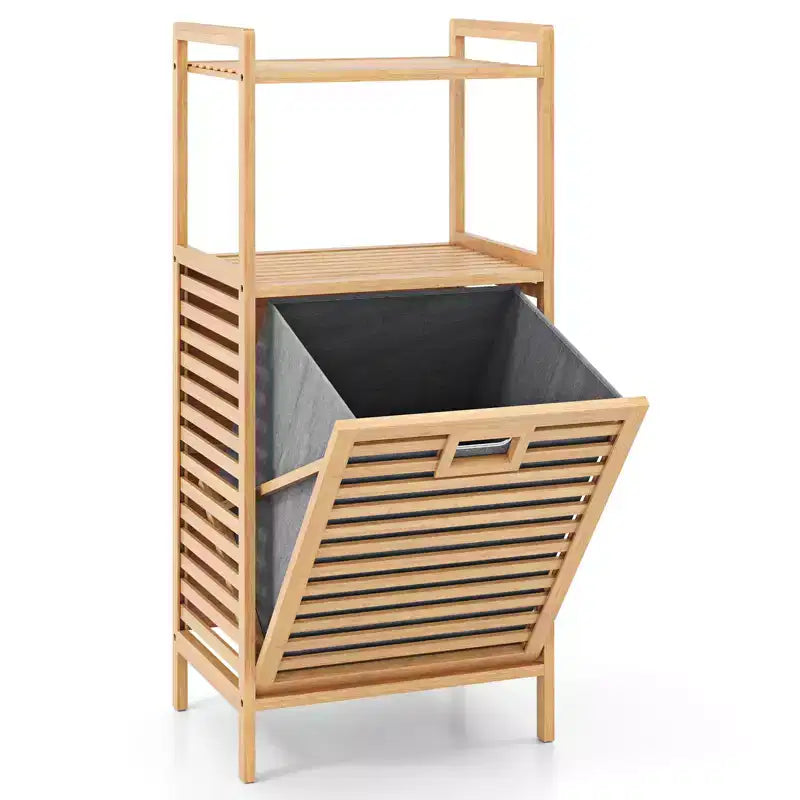 Meuble à linge inclinable avec étagères à 2 niveaux et panier inclinable en bambou