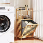 Meuble à linge inclinable avec étagères à 2 niveaux et panier inclinable en bambou