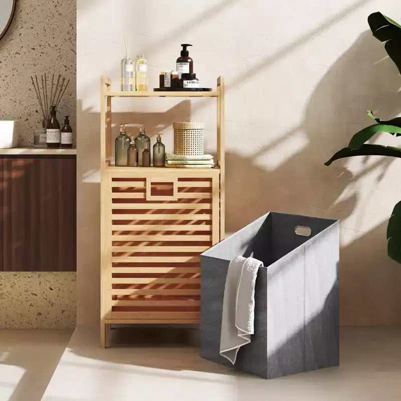 Meuble à linge inclinable avec étagères à 2 niveaux et panier inclinable en bambou