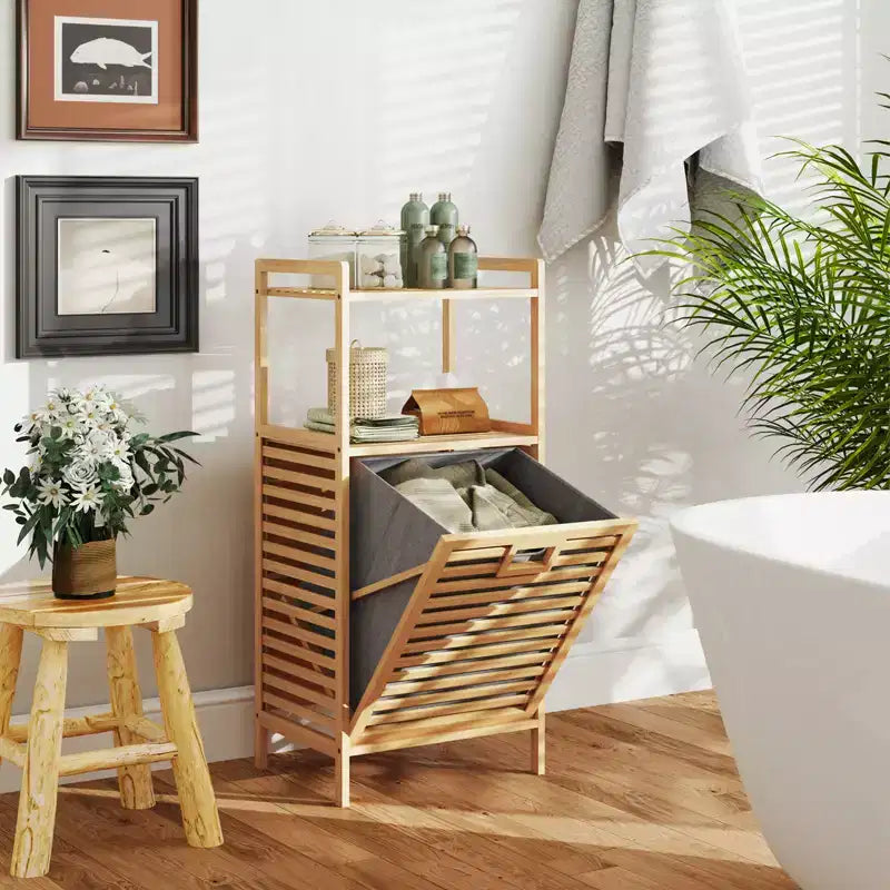Tilt-out Laundry Hamper w/ 2-Tier Shelves & Tilt-out Basket Bamboo Organizer