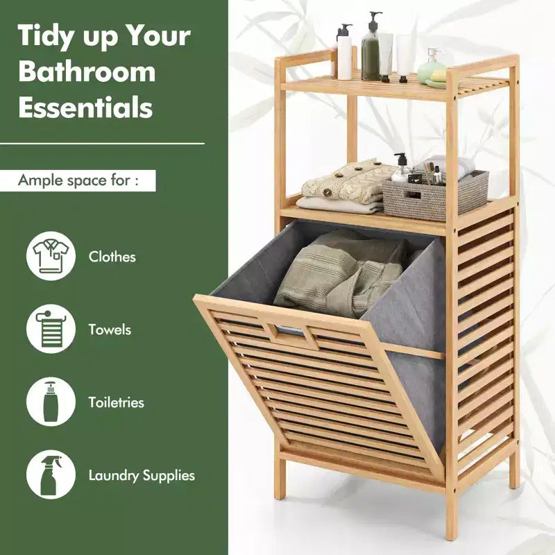 Meuble à linge inclinable avec étagères à 2 niveaux et panier inclinable en bambou